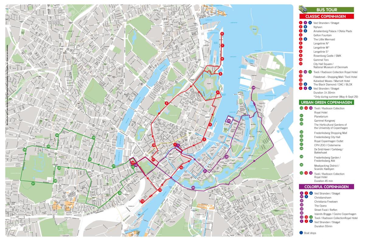Mapa wycieczek autobusowych Kopenhaga Hop On Hop Off